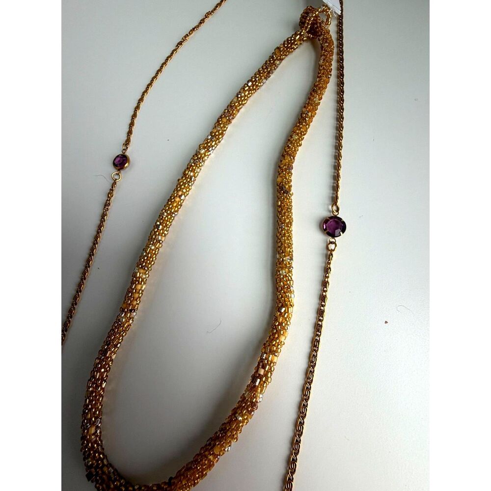 Long Gold Tone Layered Necklace Purple Crystal & Beaded Strand Boho Necklace Set